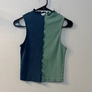 Colorblock Ruffled Edge Sleeveless Tank Top - Green & Navy
